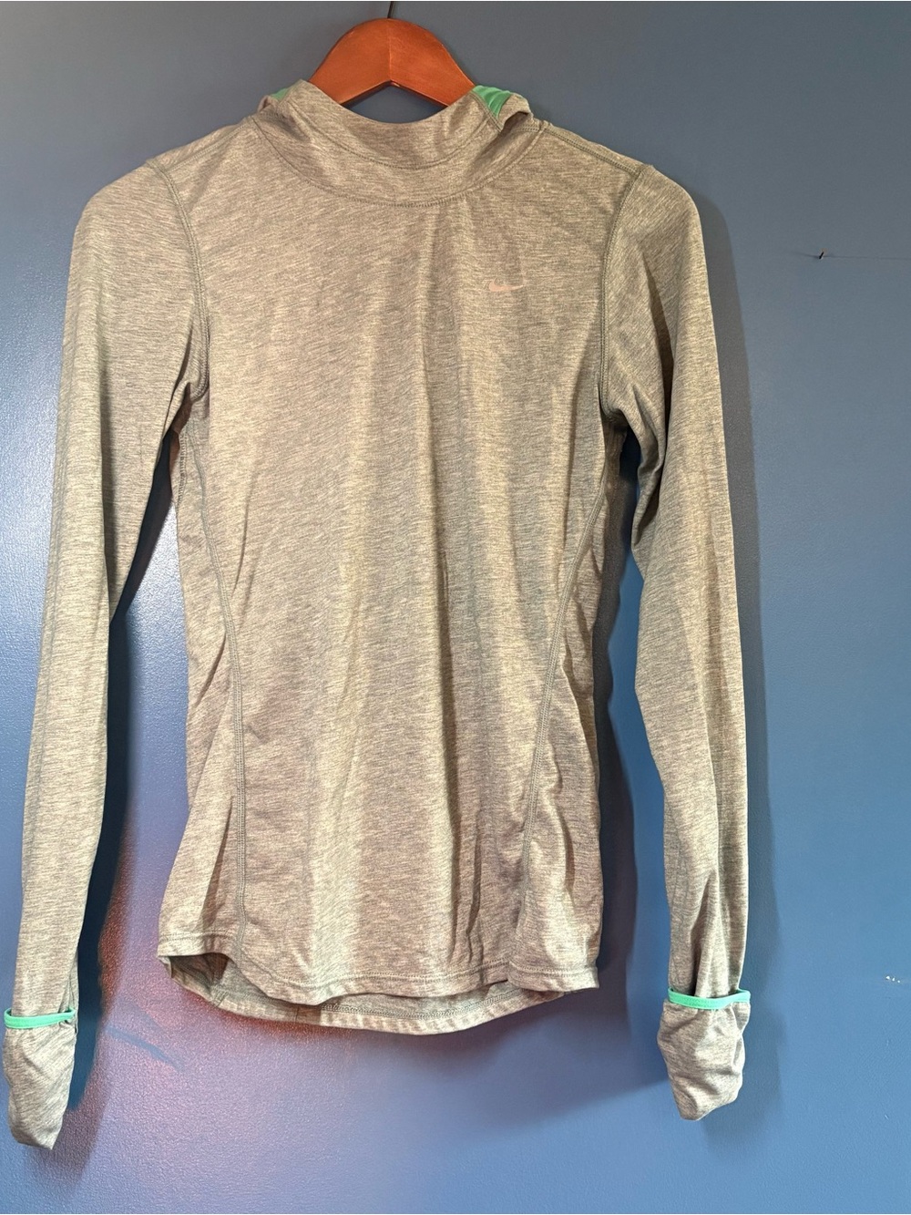 Nike Women's Light Gray Hooded Performance Top with Mint Accents